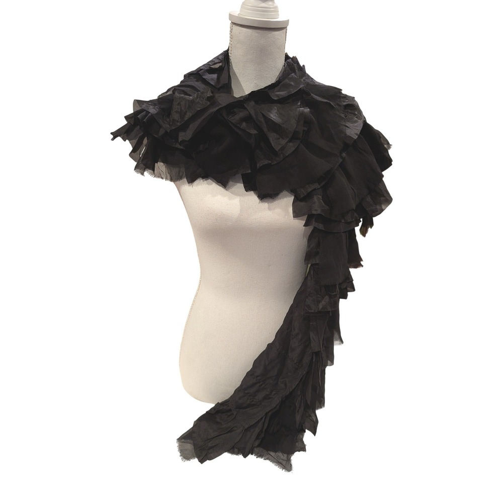 Eileen Fisher Scarf Wrap Black 100% Silk Tiered Ruffle OS Dramatic Texture